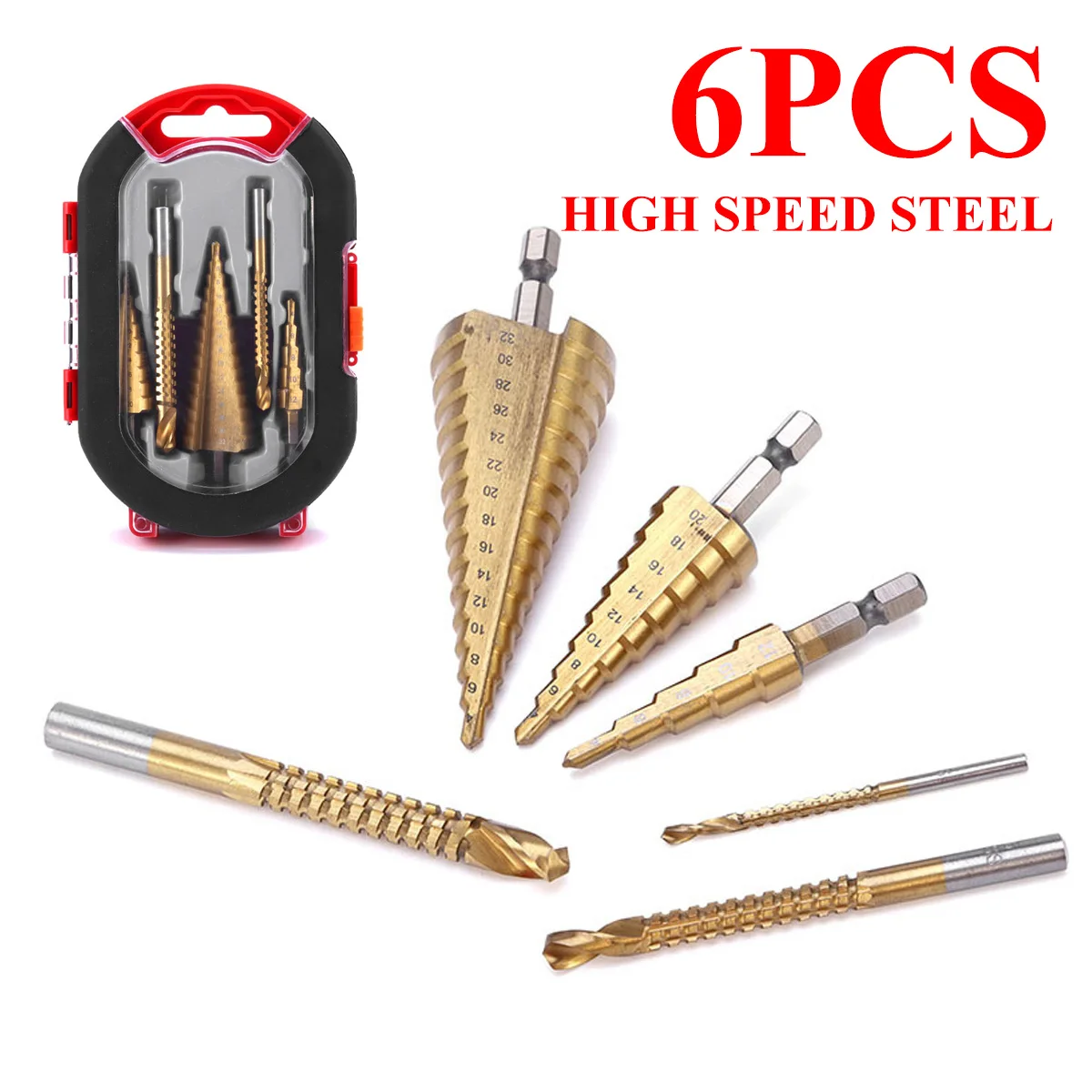 

6pcs HSS Titanium Coated Step Drill Bit Hole Cutter Drilling Power Tools Metal High Speed Steel Wood Hole Cutter Cone Drill