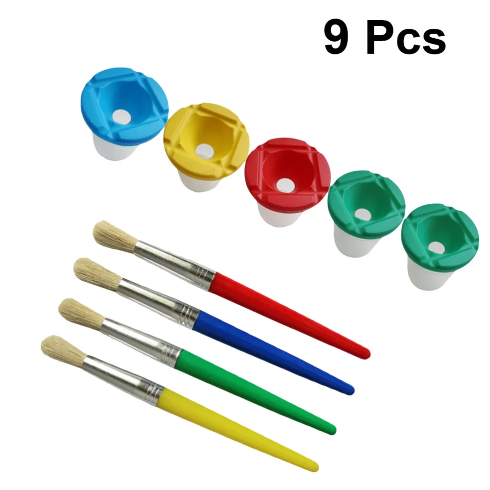 

1 Set/9PCS Pigment Color Cup Anti-falling Graffiti Tool Childrens DIY Wash Cup Pen Washing Holder Paint Brushes Kit (5pcs Random