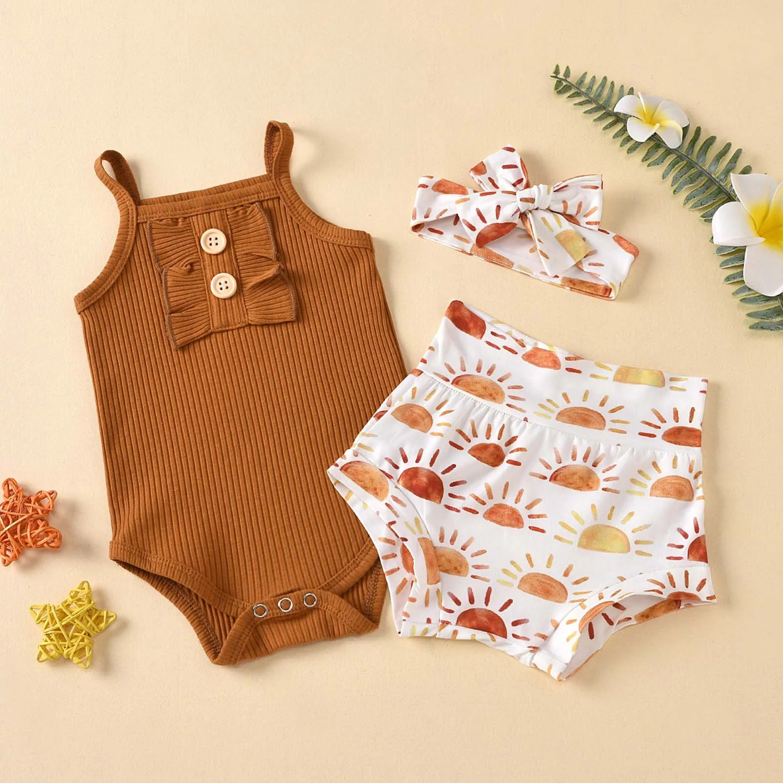 

Infant Baby Girl Summer Sleeveless Romper Flower Print Shorts Headband Outfits Summer Baby Cute Clothes Infant Clothing