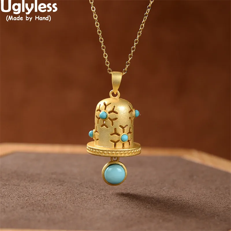 

Uglyless Can't Ring 925 Silver Bell Pendants Necklaces for Women Bohemia Turquoise Necklaces + Chain Gold Hollow Fashion Jewelry