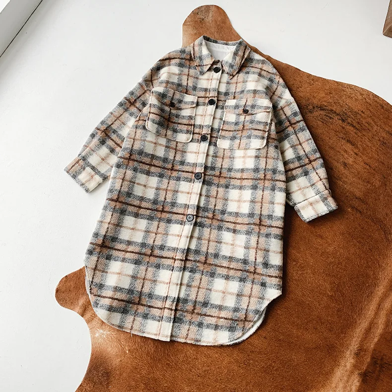 

Wool Blend Plaid Mid-length Jacket Women Loose Turn-down Collar Straight Long Sleeve Single Breasted Pockets Autumn Winter Coat