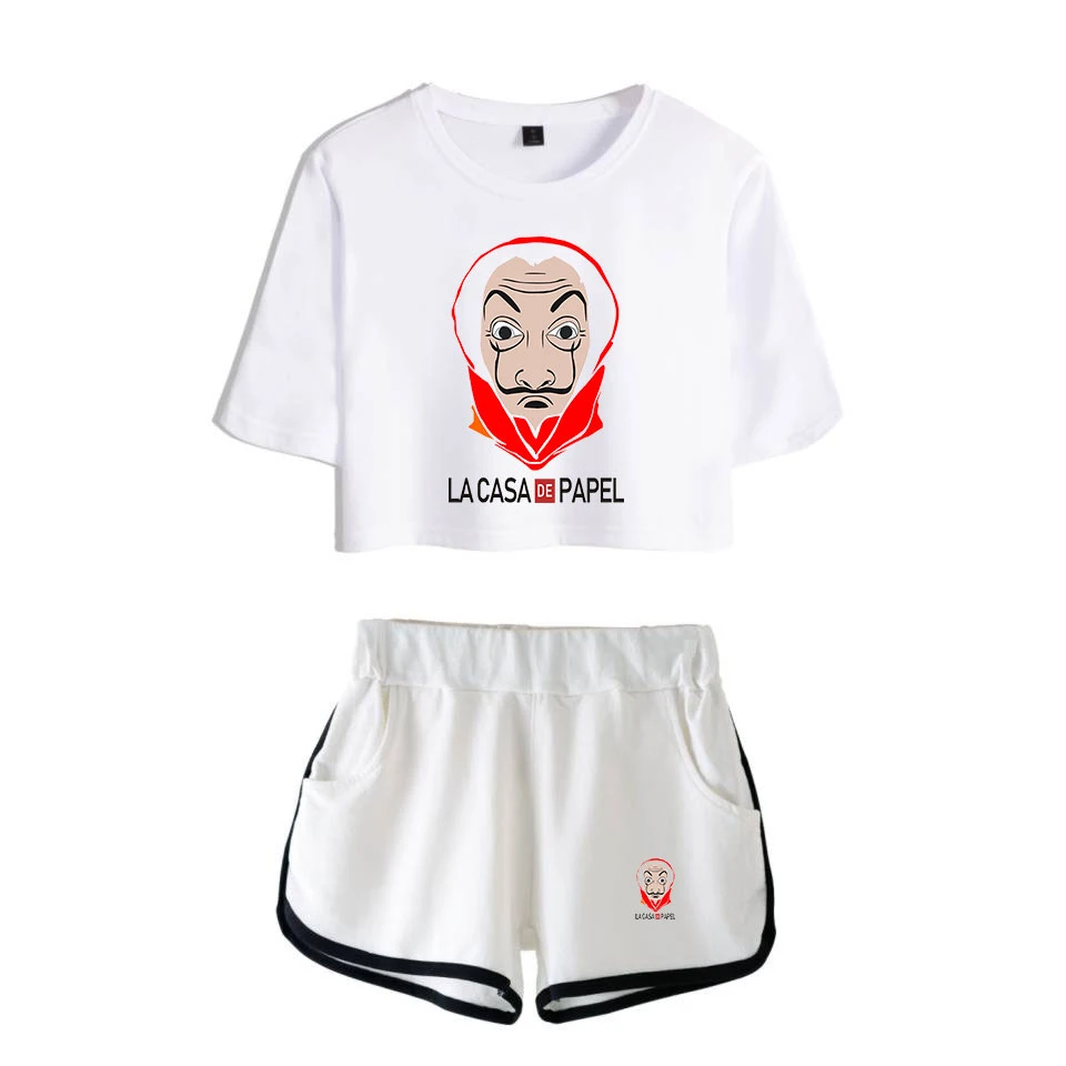 Женский комплект из 2 предметов с принтом бумажный дом и шортами | Женская одежда