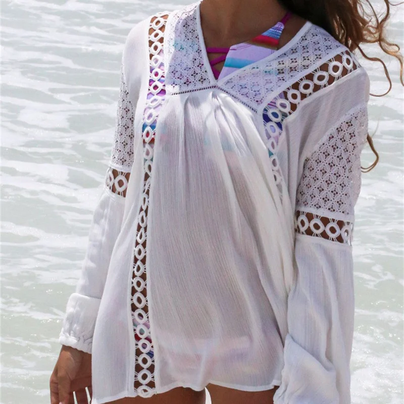 Летняя Пляжная накидка парео 2020 шифоновая с длинным рукавом для бикини купания