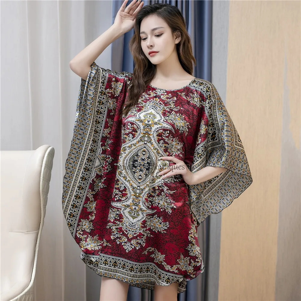 

New Red Women Sexy Satin Nightwear Nightgown Plus Size Loose Kaftan Bath Gown Nightdress Summer Sleepwear Wedding Night Dress