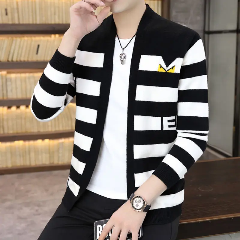 Новинка весна осень модный мужской полосатый кардиган свитер свободный вязаный
