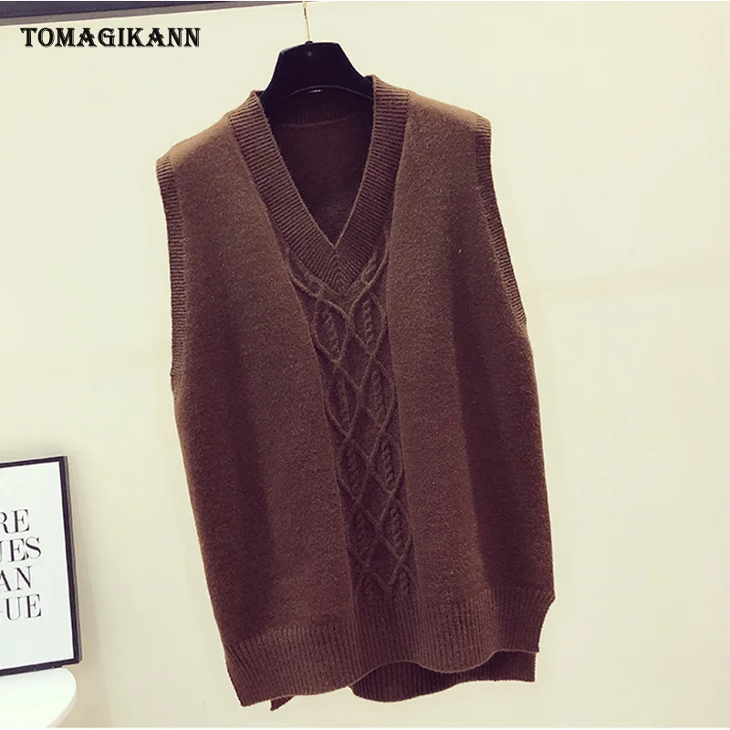 Сплошной свитер без рукавов жилет для женщин Плетеный v образный вырез пуловеры