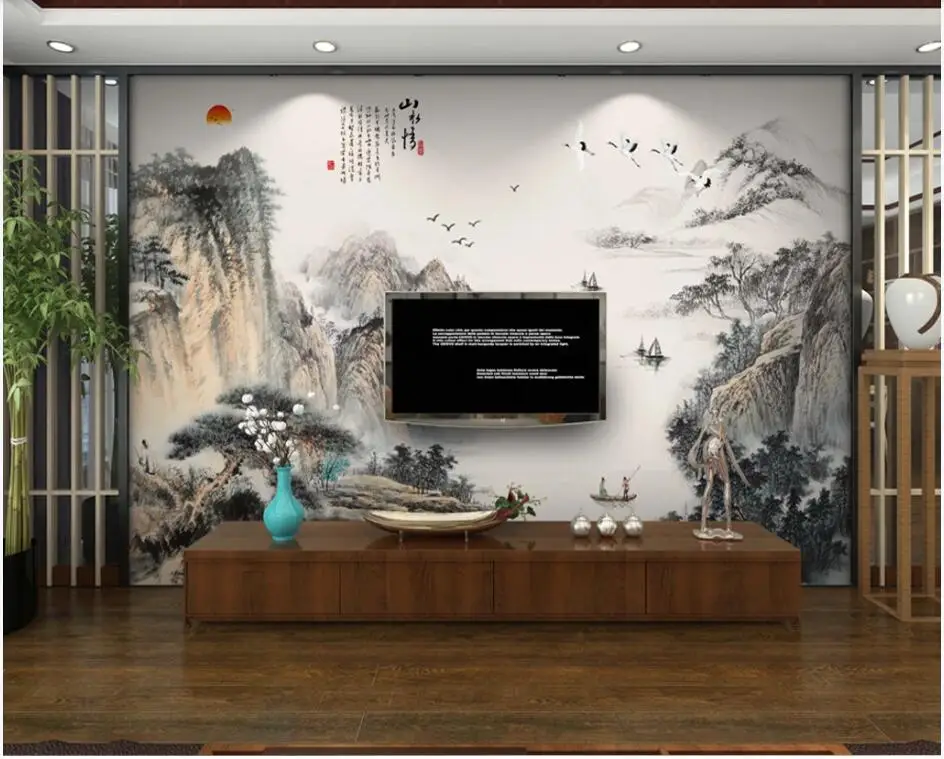 

WDBH 3d photo wallpaper custom mural Chinese ink mountain river landscape tv background decor room wallpaper for walls 3 d