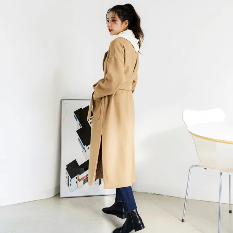 

Women Autumn Winter Camel Color Long Wool Coat Jacket Belt Slim Waist Loose Woolen Overcoat Outerwear Cardigan Cotton Liner