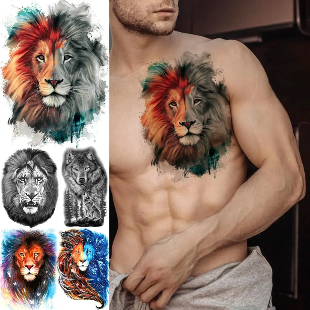 Акварельные большие временные татуировки в виде льва для мужчин и женщин