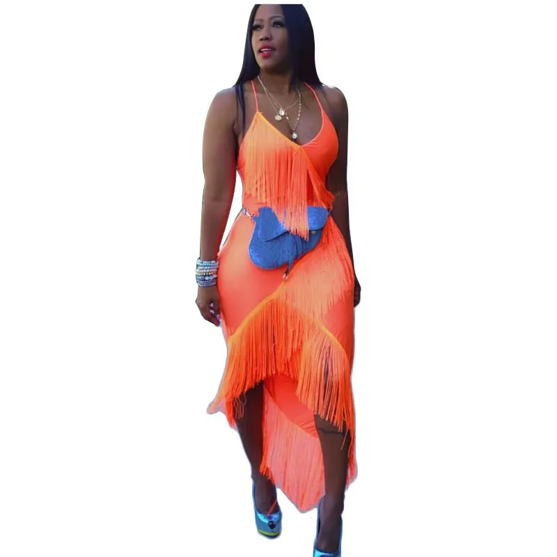 

Popular European and American Tassled Sexy Nightclub Skirt Solid Color Dungaree Dress Large Size Dress Processing Custom