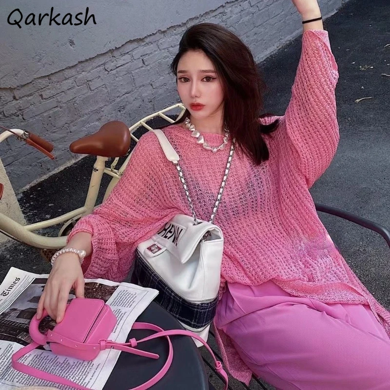 

Пуловеры женские летние модные Новые однотонные свободные универсальные с длинным рукавом и круглым вырезом в Корейском стиле дышащий женский свитер