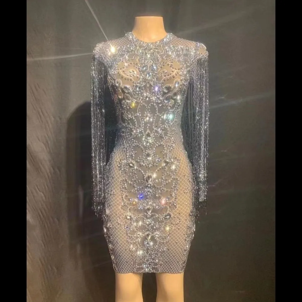 Блестящее облегающее платье с кристаллами для дня рождения женское Сетчатое