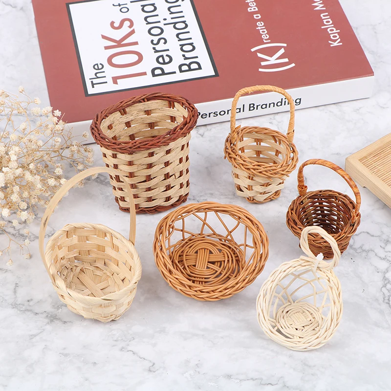 Casa de mu&ntilde;ecas en miniatura, cesta tejida a mano para almacenamiento de alimentos y verduras, modelo decorativo, 1:12-0