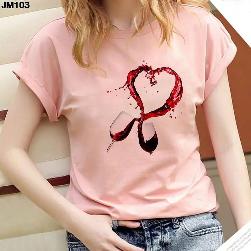 

Women's T-shirt Fashion Red Wine Glass Love Print Ladies Tshirt Summer Harajuku Casual Short Sleeve Top Pink Female Clothing Tee