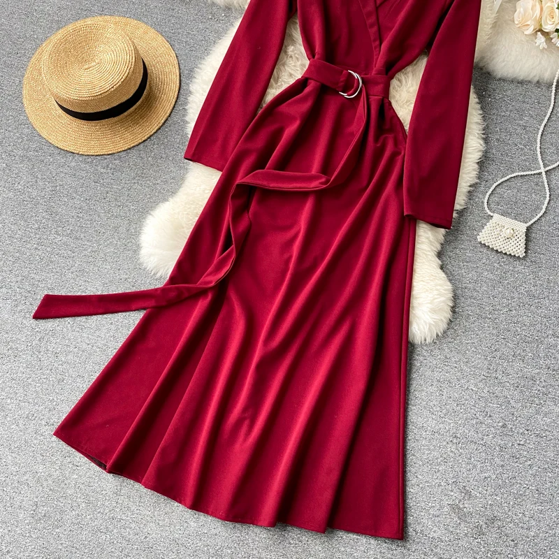 

Vintage Notched Collar Pink/Orange/Green Long Dress Women Elegant Long Sleeve Sashes Slim A-Line Vestidos Autumn 2020 Fashion OL