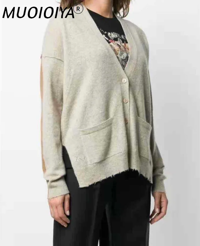 

2021 New Women V-Neck Knitted Cardigan Lady Color Contrast Long Sleeve Casual Knitwear Outwear Tops with Pockets