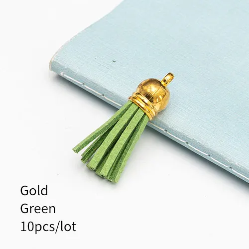 Gold green 10 штук 35 мм кожаные подвески с кисточками из искусственной замши с шапками для брелоков, ремешки для ключей, аксессуары для самостоятельного изготовления, многоцветные - Цвет: Gold green