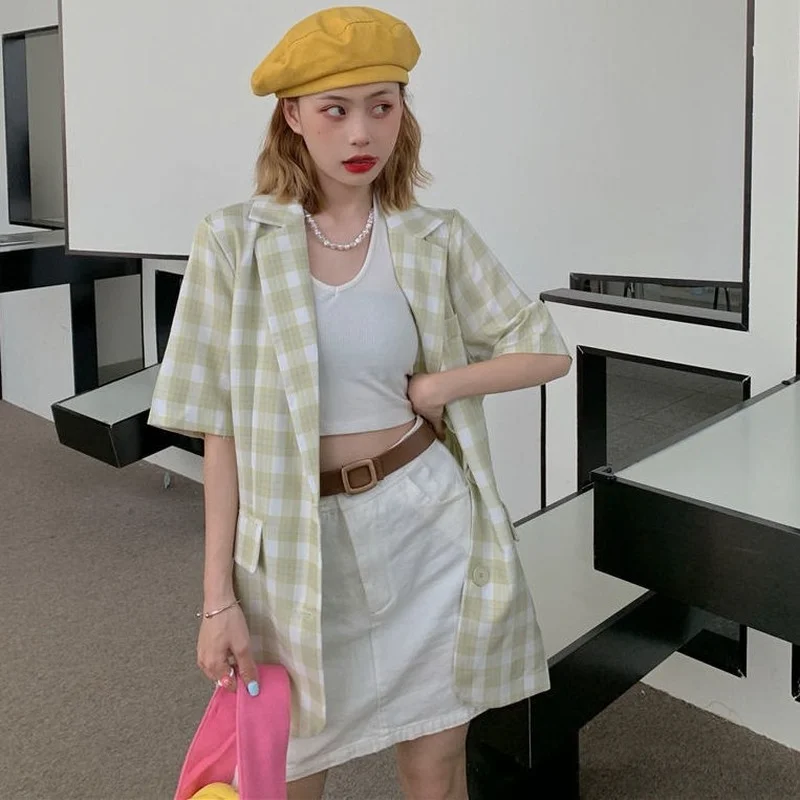 Женские блейзеры летняя мешковатая универсальная однобортная клетчатая модная