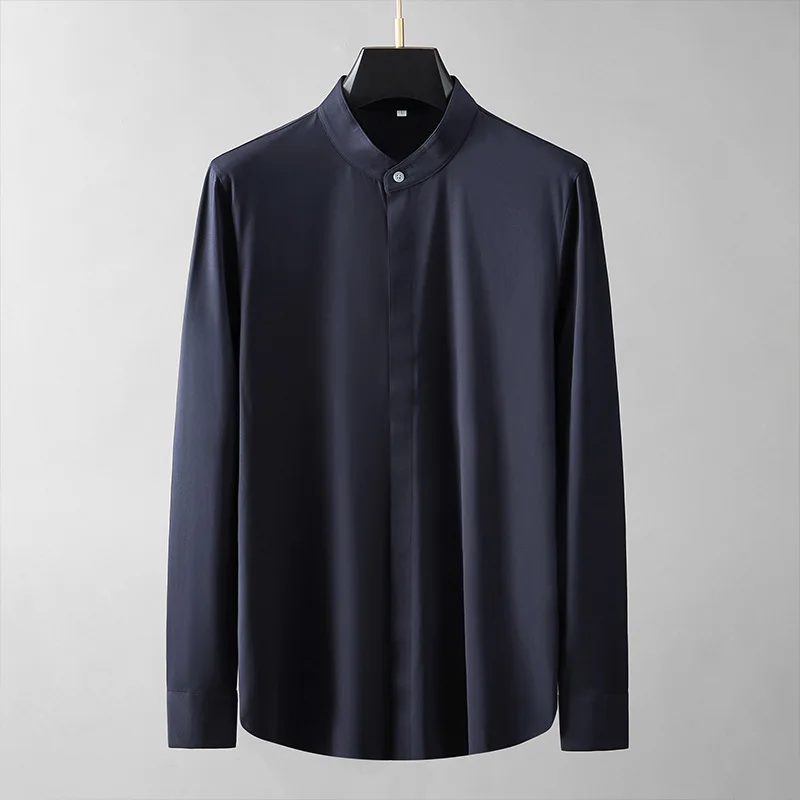

Мужские рубашки Minglu с воротником-стойкой, роскошные однотонные повседневные мужские рубашки с длинным рукавом, Модные приталенные мужские ...