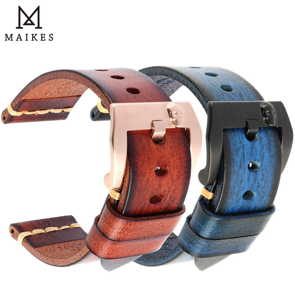 MAIKES Genuine Leather Watch band Vintage Italian Cow Leather Watchband 20mm 22mm 24mm For Panerai Citizen SEIKO Watch Strap maikes fashion pink watch band women watch accessories real cow leather watch strap bracelet watchbands for dw ck seiko citizen