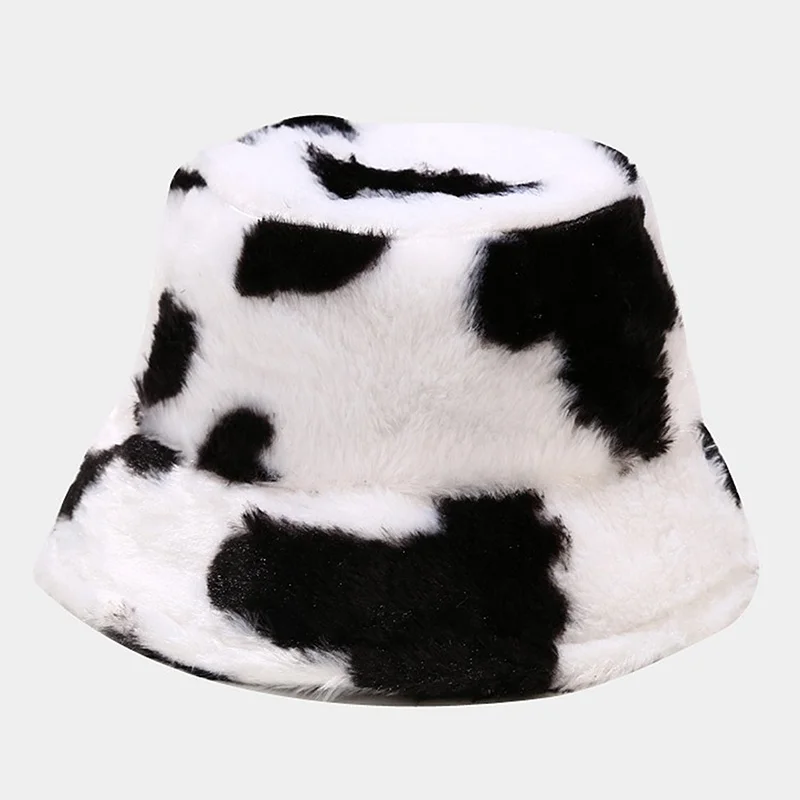 

New Autumn Cow Pattern Hat Women Korean Fashion Plush Warm Winter Basin Hat Soft Fluffy Bucket Caps