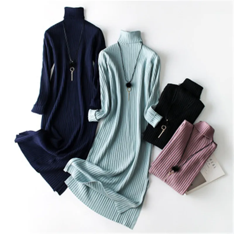 Женское вязаное платье свитер осенне зимнее Новое модное облегающее водолазка