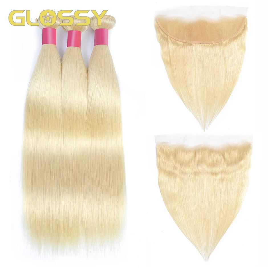 

GLOSSY Straight 613 Honey Blonde 3 Bundles with 13x4 Transparent Lace Frontal Closure Brazilian Human Hair Weaves Bundles