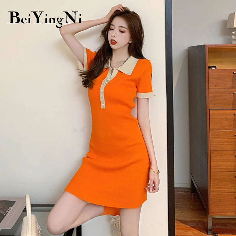 

Beiyingni Hit Color Turn-down Collar Slim Sexy Knitted Dresses Ladies Single-breasted Short Sleeve Mini Dress Womans Streetwear