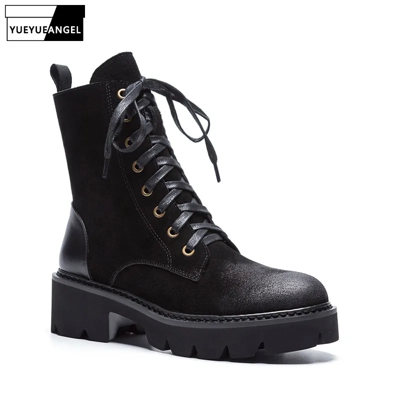 

Ботинки женские кожаные, из коровьей замши, на толстой платформе, в британском стиле