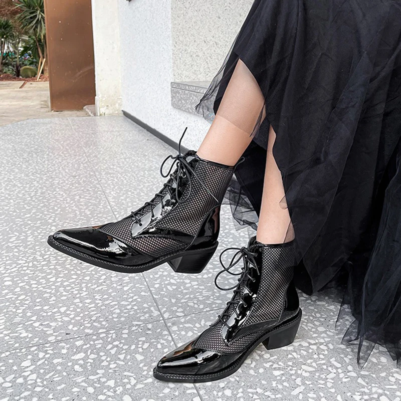 

Large Size New European Style Cow Patent Leather Shoes for Women Air Mesh Breathable Spring Summer Season Superstar Ankle Boots