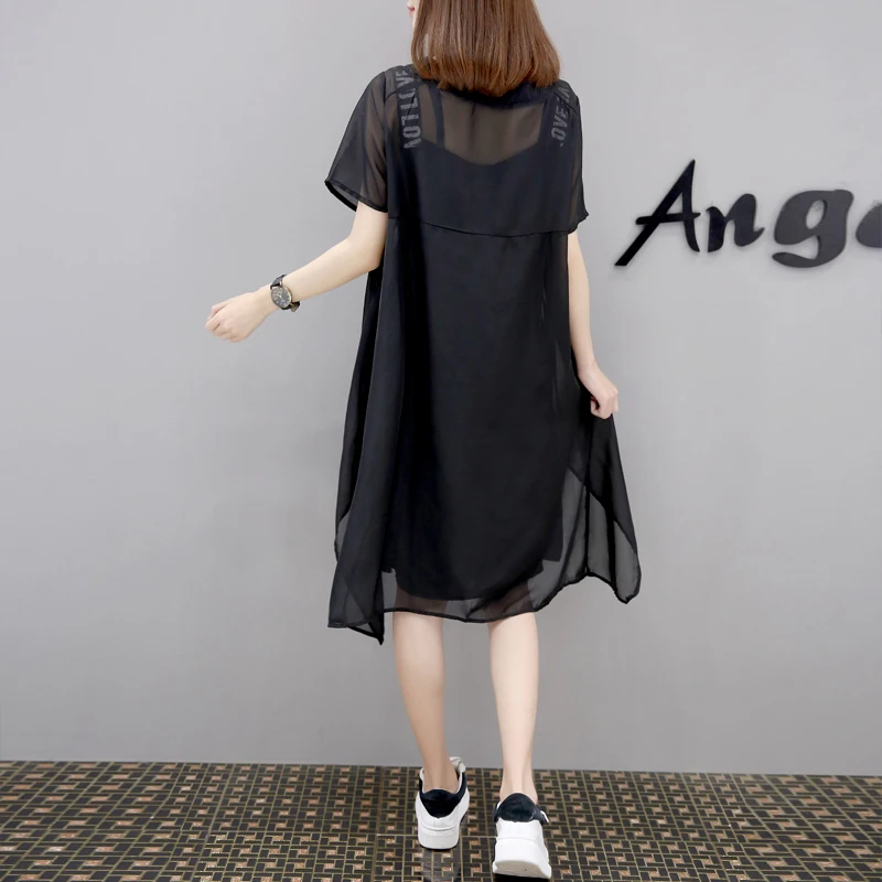 Женское шифоновое платье с надписью черное асимметричное из двух частей большие