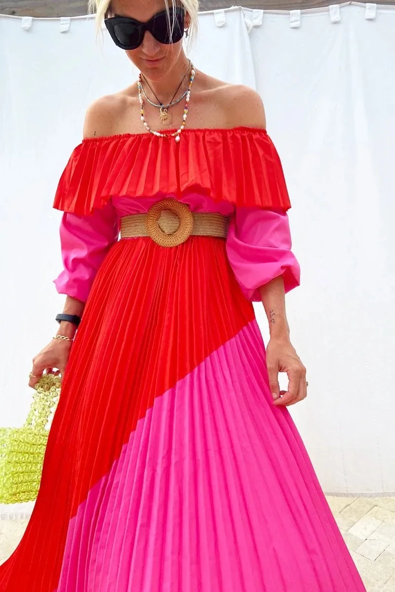 

Women Slash Neck Off The Shoulder Dresses Women Plus Size Summer red Ruffles Bandage Patchwork Pleated belt big Long Dress