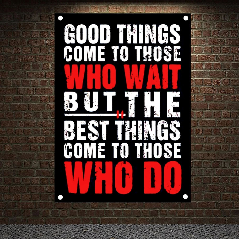

WHO WAIT WHO DO Motivational Workout Banners Positive Office Decor Art Flags Inspirational Quote Canvas Posters Wall Art Mural