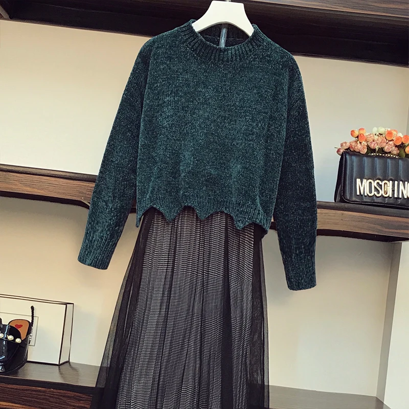 

Autumn Winter Women Green Pullover Sweater Pleated Long Skirt Big Yards Two-Piece Suit Younger Sister Knitwear Outfit Casual