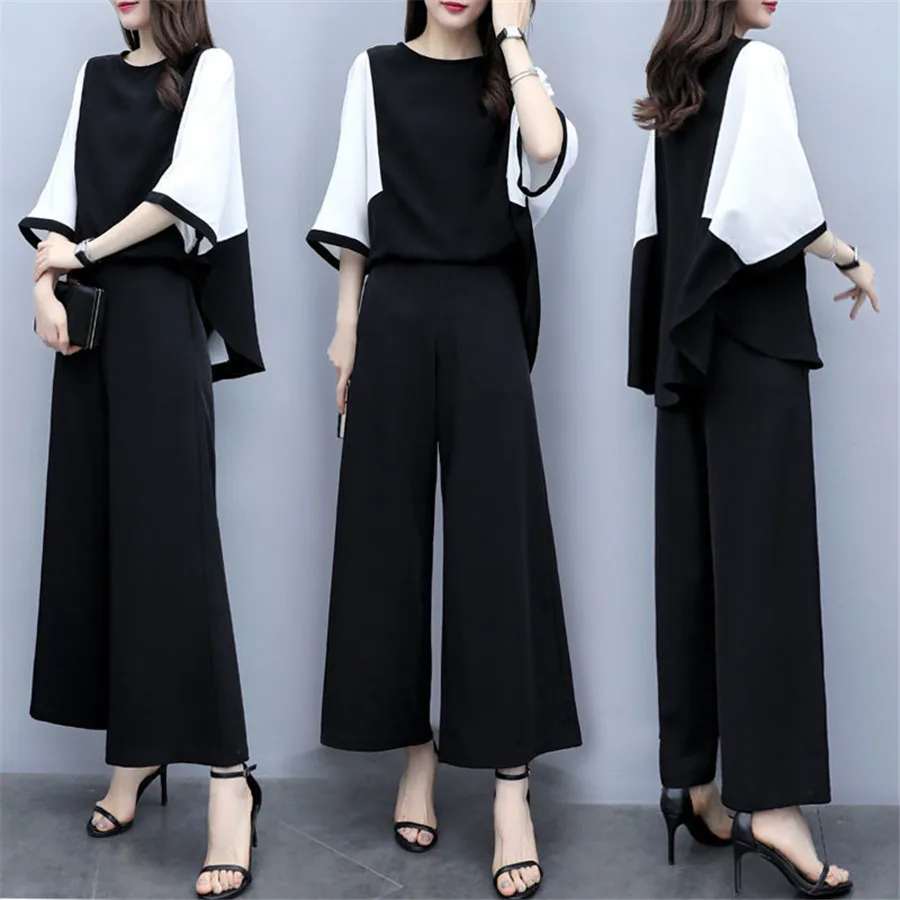 

Womens OL Summer 2 Piece Sets Flare Sleeve Long Top + Plus Size Black Pants Suit Elegant Women Vintage Sets