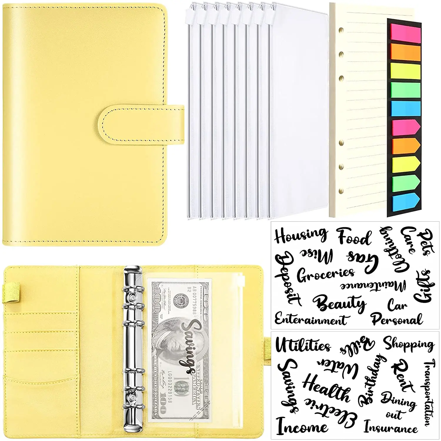 

A6 Budget System with 26 Categories Sticker Cash Budget Label/ 8 Binder Pocket/ Loose Leaf Paper and Neon Page Makers for Saving