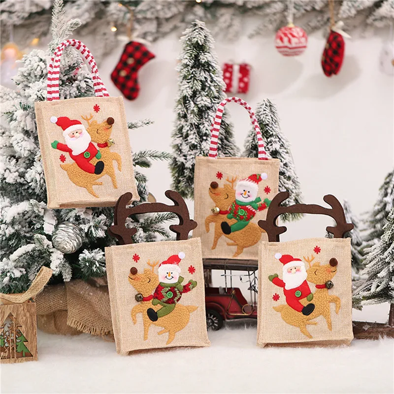 

Christmas Snowman Old Man Elk Tote Bag Linen Machine Embroidered Tote With Foot Gift Candy Bag Christmas Tree Decoration