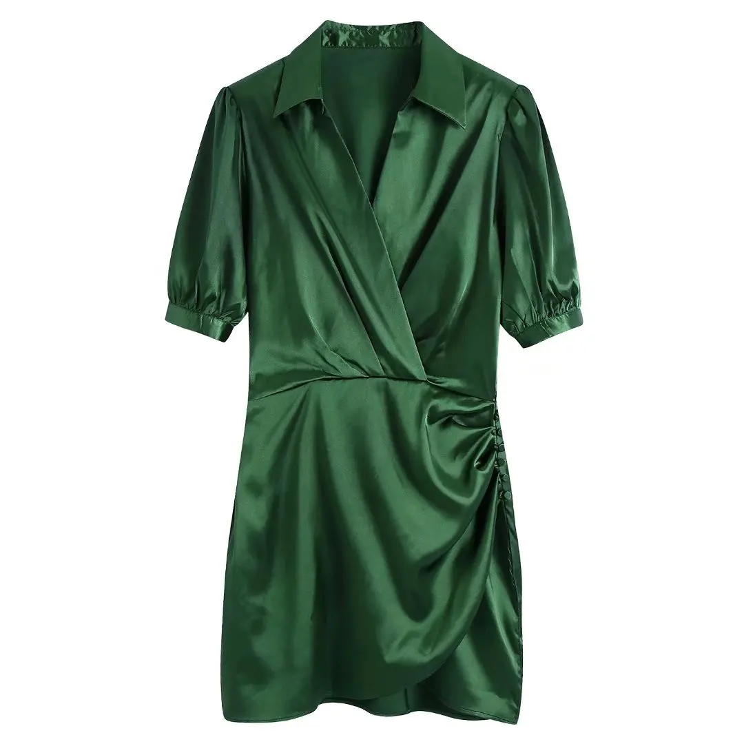 

Женское атласное платье-рубашка, офисное зеленое платье-рубашка с двубортным перекрестным поясом и коротким рукавом, лето 2019