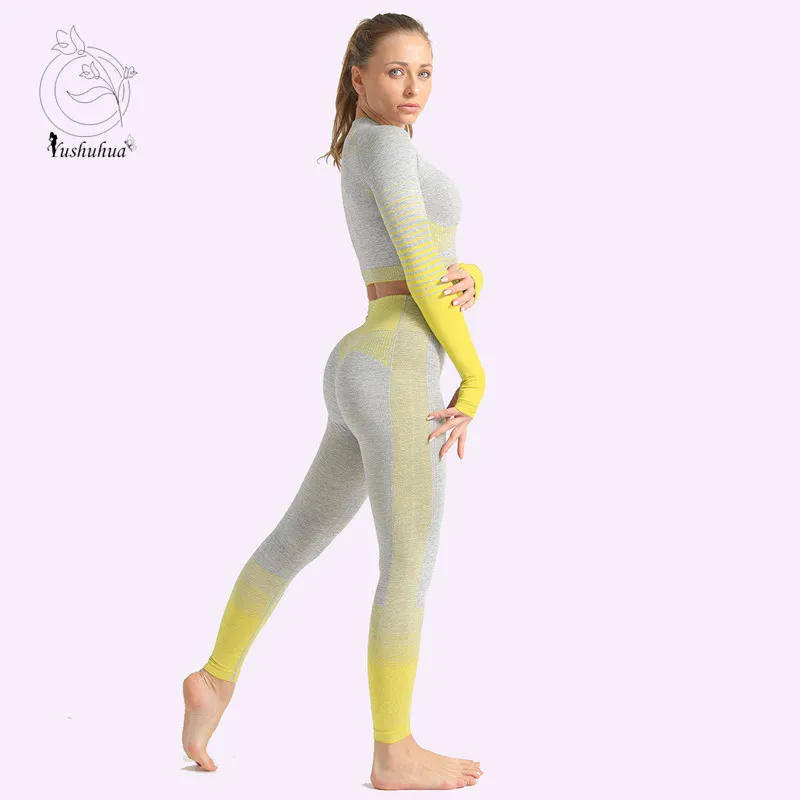 

Yushuhua, женский бесшовный комплект для йоги, одежда для тренажерного зала, леггинсы для фитнеса + укороченные рубашки, спортивный костюм, женс...