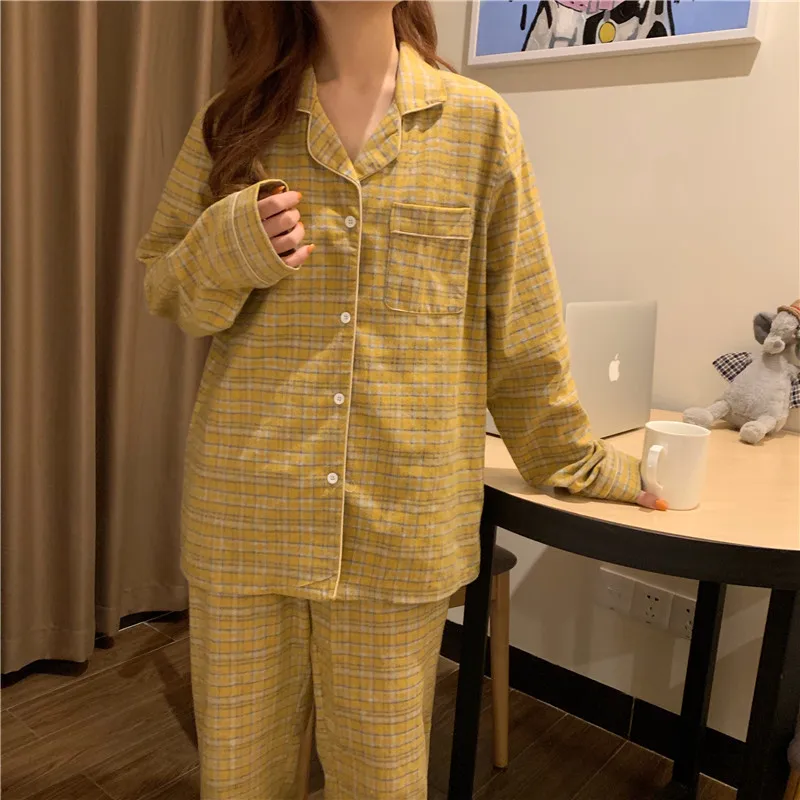 

Home Suit Women Cotton Plaid Pajamas Set Autumn Winter Long Sleeve Pants Sleepwear Pocket Loose Two Piece Set Korean Pyjama