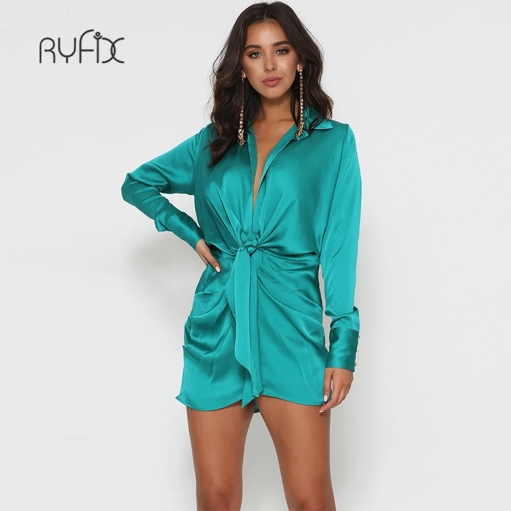 

RYFIX Green Long Sleeve Satin Wrap Mini Dress 2021 Nothed Lace Up Bandage Short Summer Dress High Waist Shirt Dresses Women