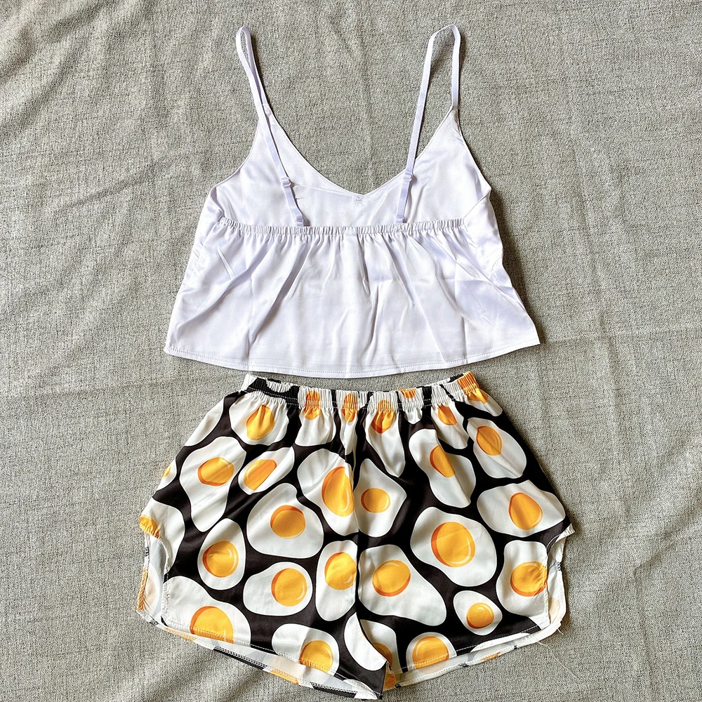 

Women's Sleepwear Cute Eggs Print Shorts Set Pajamas For Women Pajama Set 2pcs Satin Silk Pyjamas Summer Pijama Sexy Nightie