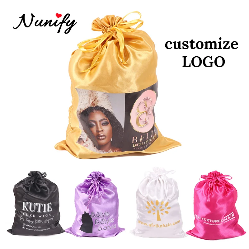 Satin Pouches With Drawstring Custom Logo Satin Bags For Packaging Hair Wigs Soft Silk Bag With Drawstring For Hair Travel Bags