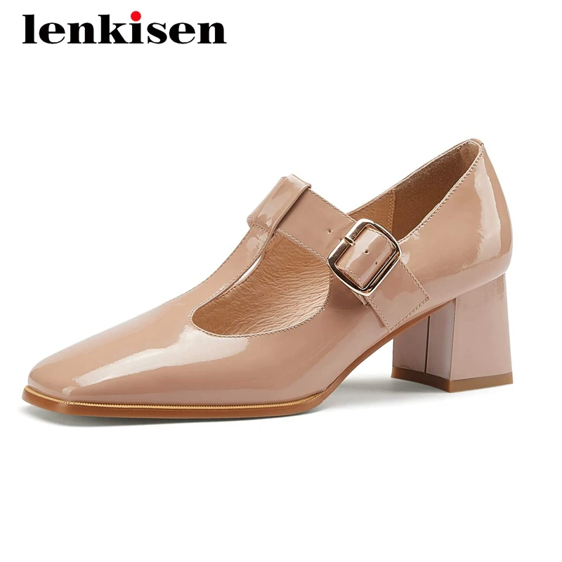 

Lenkisen preppy style vintage full grain leather dating square toe high heel buckle straps beauty girls gorgeous women pumps L13