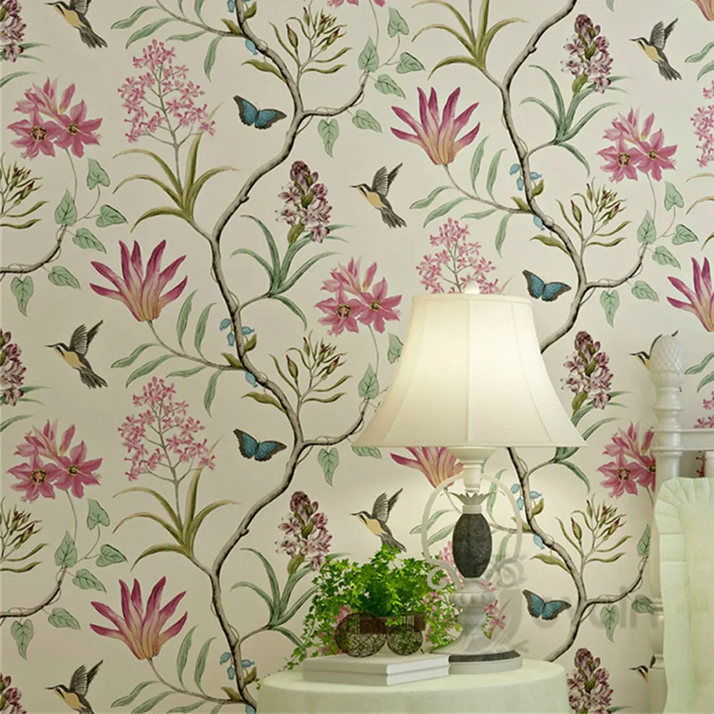 

American Countryside Style Flowers Birds Print Wall Paper Non-woven Fabric Background Wall Sticker home decor bedroom decor