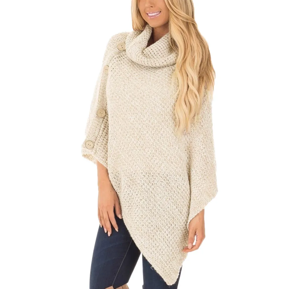 Turtleneck Women's Knit Sweaters Poncho with Button Irregular Hem Pullover Long Jersey Mujer Elegant Slim Fashion 2019 | Женская