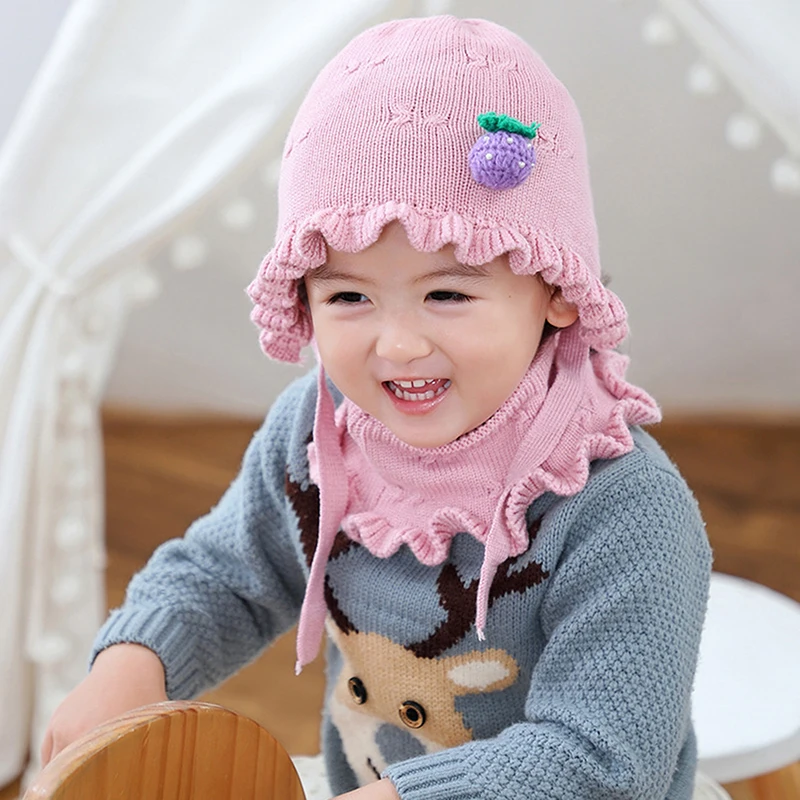

Winter Baby Girls Hat Scarf Set Warm Solid Dropshipping Children Pompom Hat Scarf Knitted Cotton Wholesale Winter Hat For Kids