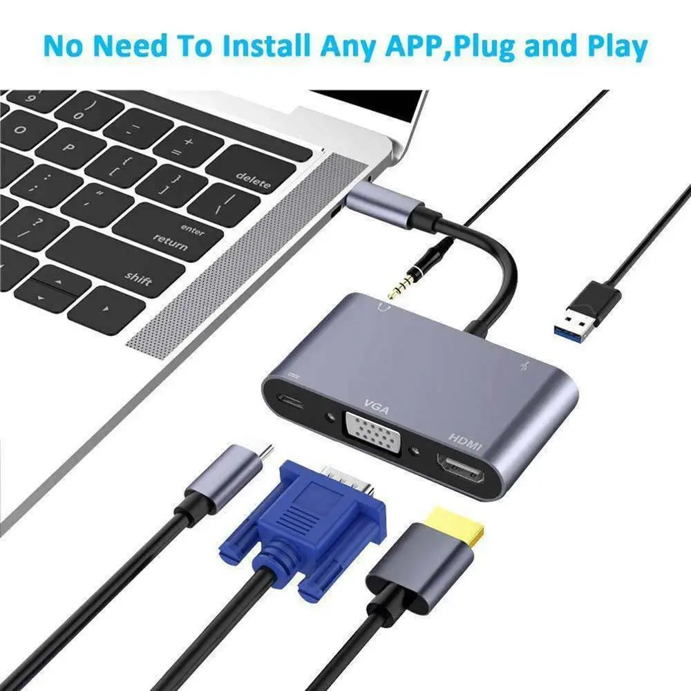 

Hot Sale 4K Ifmeyasi 5-in-1 Type-C HUB Adapter With HDMI 1080P VGA USB 3.0 USB-C PD Charging Audio