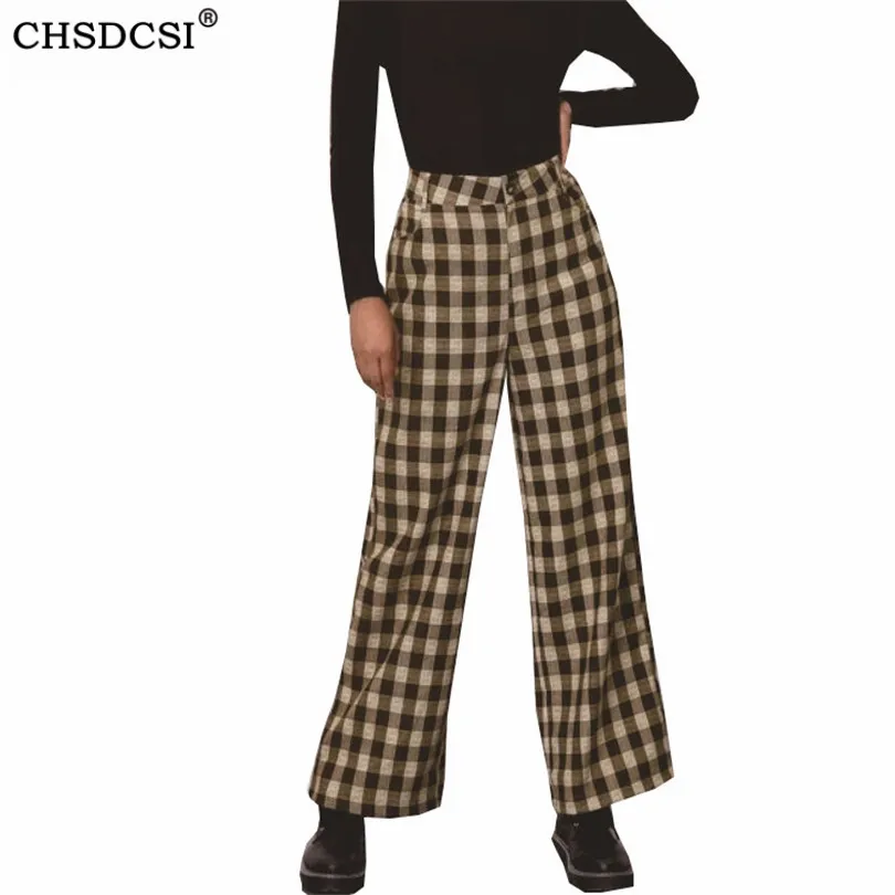 

CHSDCSI Streetwear Plaid Printed Pants Women Casual Oversize Loose Wide Leg Trousers Pockets Harajuku Hip-hop Button Bottoms