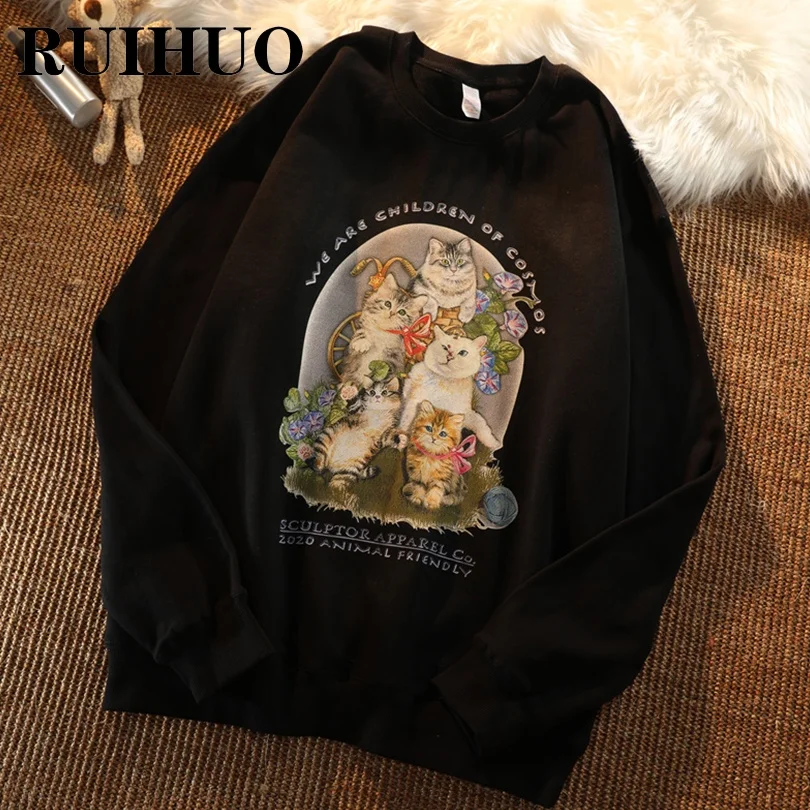 

RUIHUO Kawaii Cats Print Sweatshirts Men Clothing Korean Fashion Streetwear Men Sweetshirts M-2XL 2021 Autumn New Arrivals